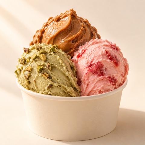 Pote de helado con tres sabores: dulce de leche, pistacho y frutilla